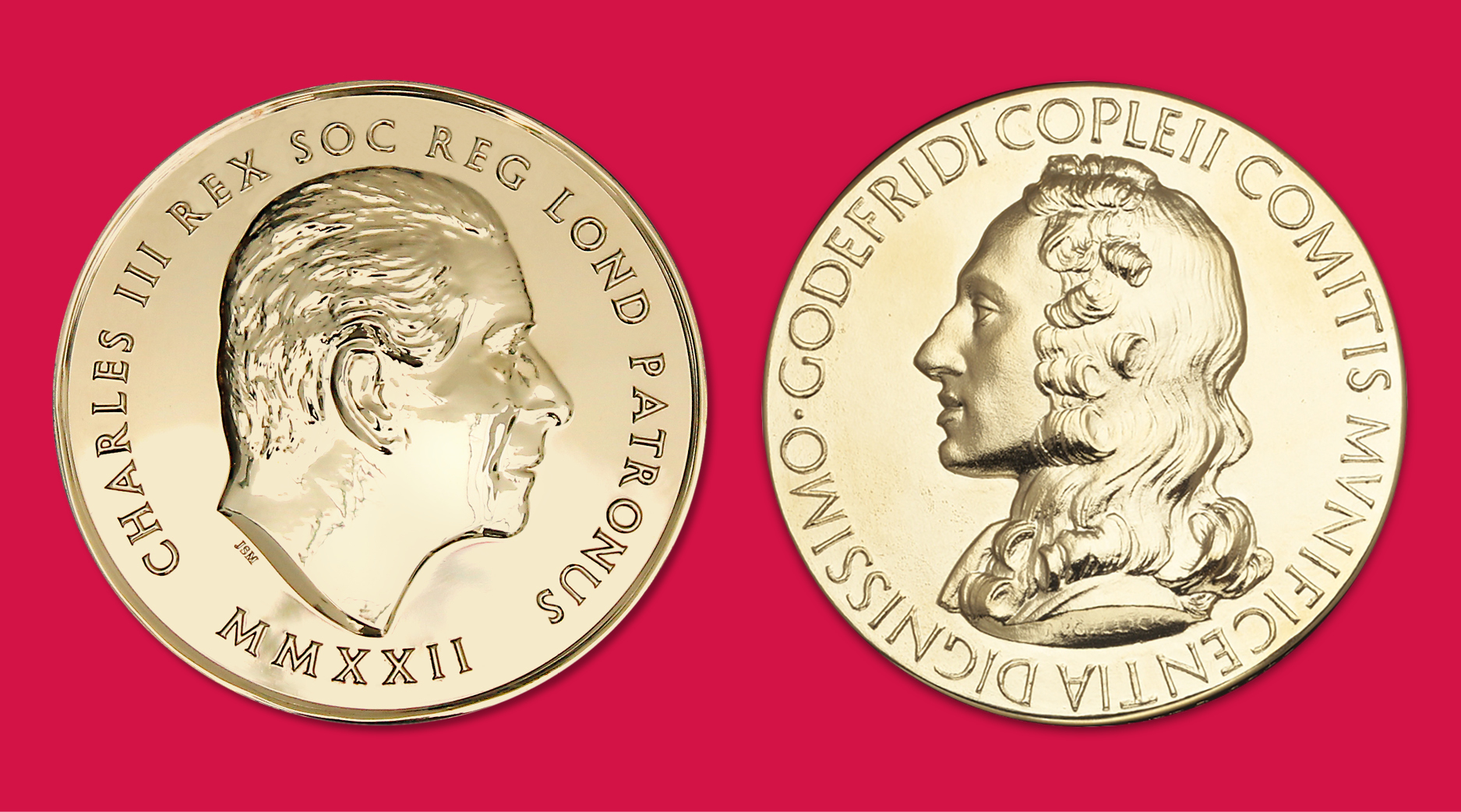 Two gold medals on a red background